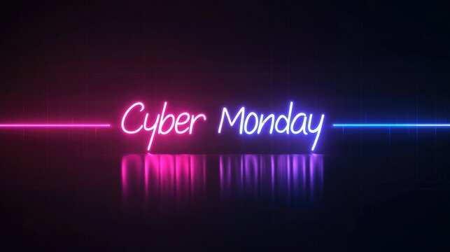 Neon cyber monday sign glows in dark room with reflections on floor - concept of online shopping deals
