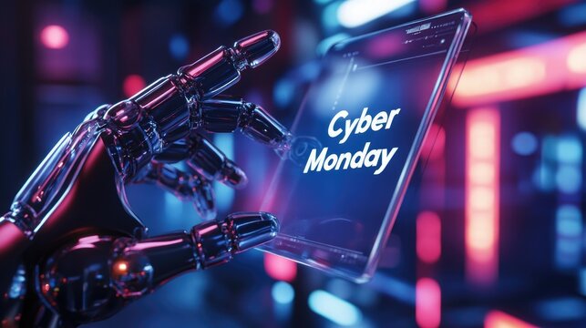 Cybernetic hand holding digital tablet with cyber monday text in futuristic neon background - concept of online shopping and technology