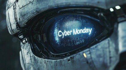 Futuristic robot eye displaying cyber monday sale with digital blue light theme