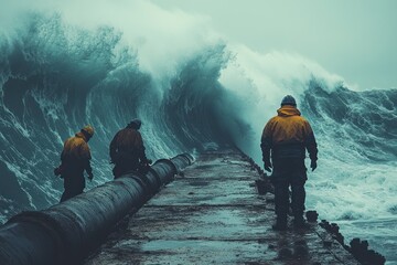 Obraz premium Three men in yellow jackets stand on a concrete pier with a large wave crashing behind them.