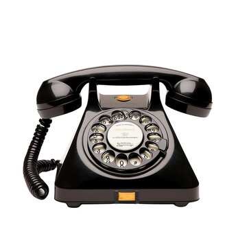 Vintage black rotary telephone on white isolate background.