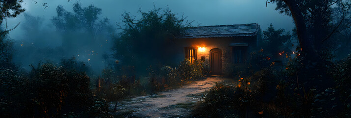 Illustration of a Stone Cottage in a Dark Forest at Night