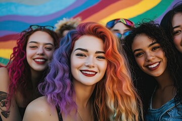 Fototapeta premium Group of young friends in a good mood and colorful hair, hugging each other and smiling. A graffiti wall with rainbow waves is visible in the background