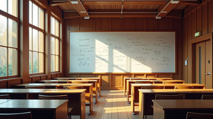 Empty lecture hall or conference room with rows of wooden desks and large whiteboard covered in mathematical equations with sunlight filtering through tall windows. 
