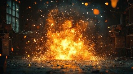 A large explosion of fire and sparks in a dark industrial setting.