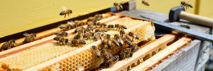 A group of bees are flying around a hive. The hive is made of wood and has a hammer on top of it