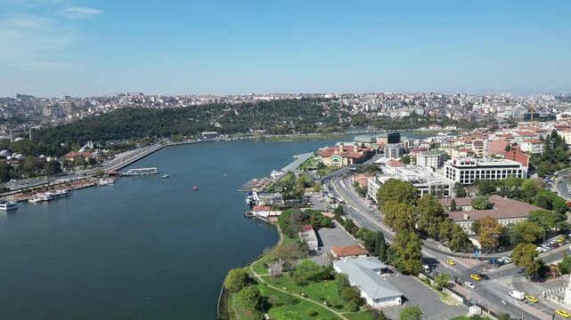 Istanbul Golden Horn view drone video shooting. Istanbul Silhouette and knee view, Istanbul Golden Horn known as the Golden Horn region