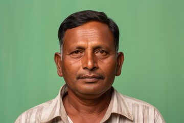 Portrait of Indian man with serious expression on his face against green background