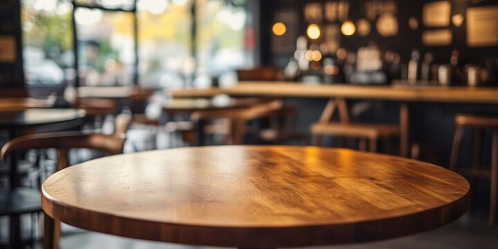 A close-up of a round wooden table inside a cozy cafe, with warm ambient lighting, ideal for food photography, coffee culture, or interior design projects