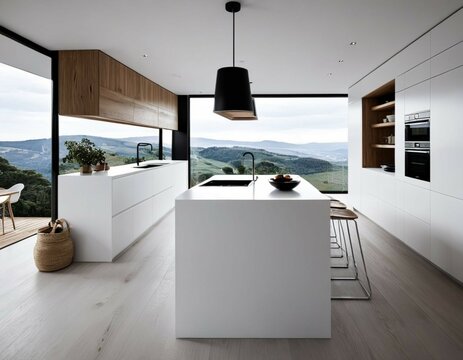 Dise&ntilde;o de interior de habitaci&oacute;n moderna y minimalista, cocina de lujo con iluminaci&oacute;n difuminada