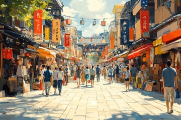 Obraz premium A bustling street in Japan with people shopping and walking, under a bright sky with traditional lanterns hanging overhead.