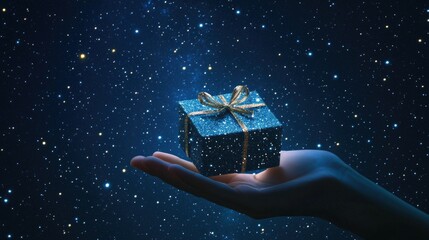 Hand holding sparkling gift box against starry night sky, symbolizing magical christmas and new year gifts
