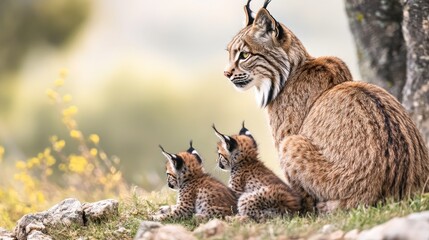 Fototapeta premium A mother lynx sits with her two cubs in a field of wildflowers.