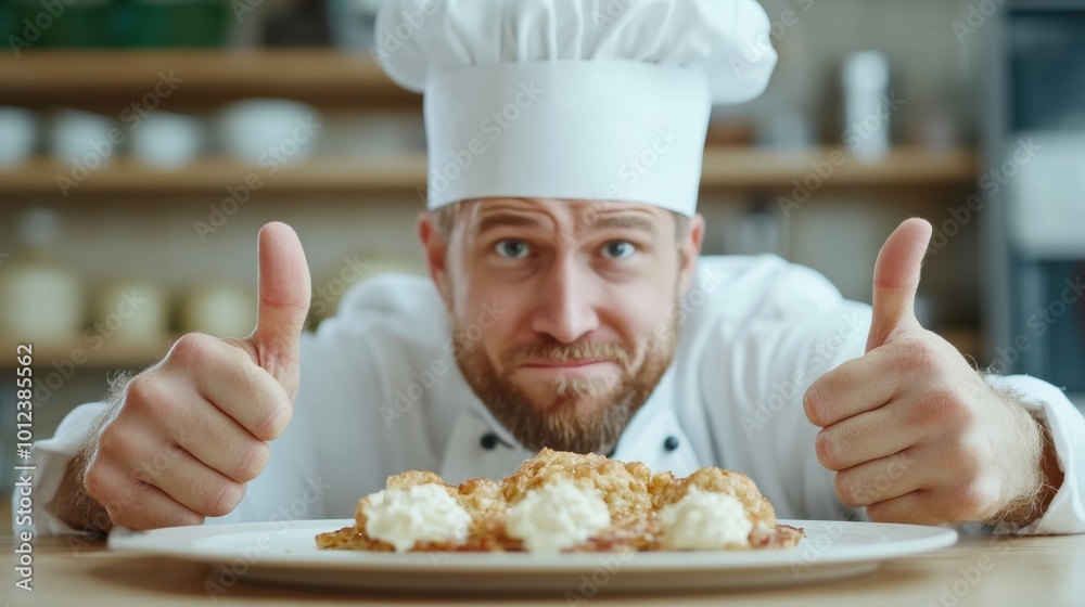 Wall mural A man in a chef hat giving thumbs up while holding food, AI