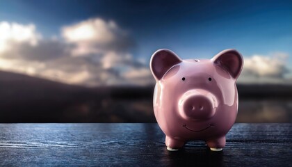 Fototapeta premium Pink Piggy Bank on a Table with a Scenic Background