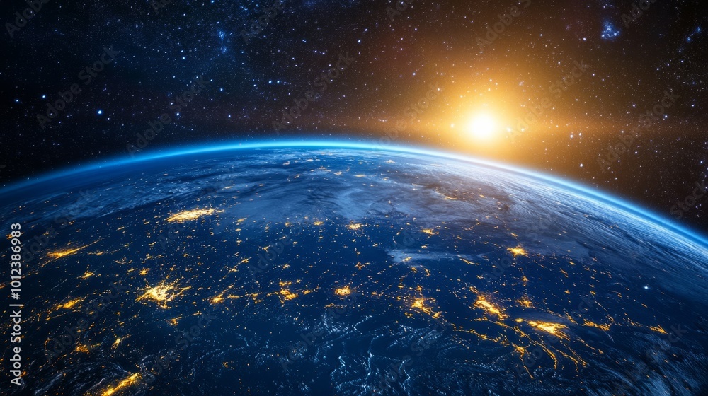 Canvas Prints view of the earth from space at night, with light trails linking continents, representing digital gl