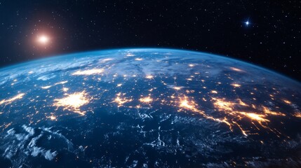 View of the Earth from space at night, with light trails linking continents, representing digital global networks generative ai