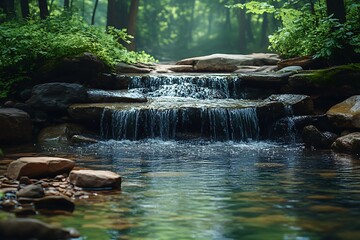 Tranquil Waterfall in Lush Forest with Sunbeams Filtering Through Trees