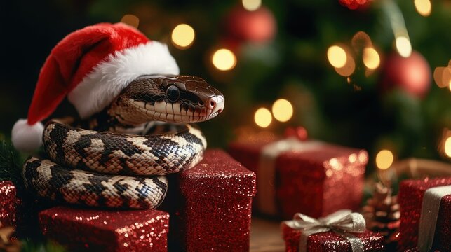A festive python curled around sparkling gift boxes under a christmas tree with twinkling lights in the background, celebrating christmas and new year gifts