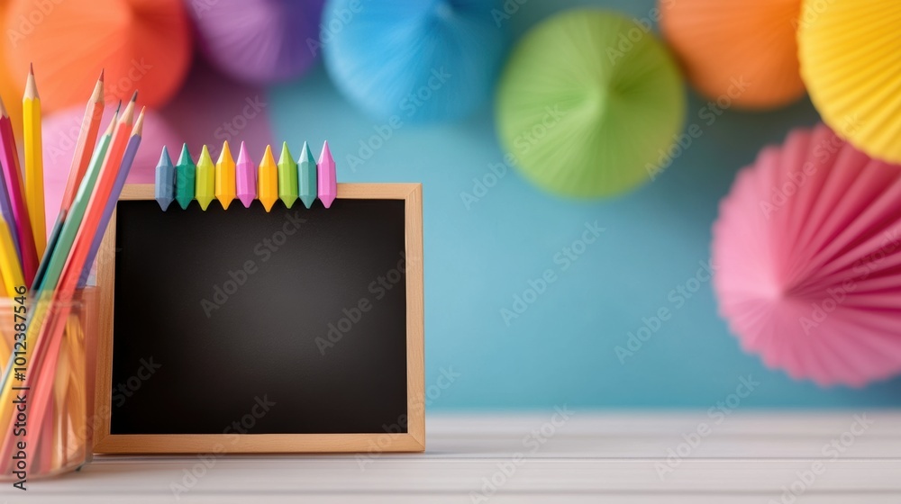 Wall mural A chalkboard with colorful pencils and a bunch of colored paper, AI