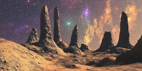 an alien landscape with unusual rock formations under a starry sky, colorful and imaginative depiction, free from logos or trademarks