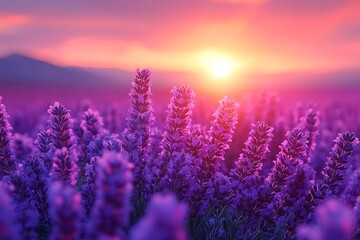 Obraz premium Sunset over lavender field with colorful sky, purple flowers, and mountains in background