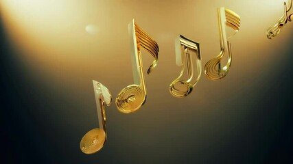 Shiny golden music notes floating in the air, glowing under a soft spotlight. A luxurious display perfect for music themes or elegant performances.