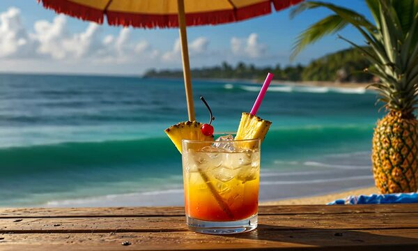 A tropical cocktail with a slice of pineapple