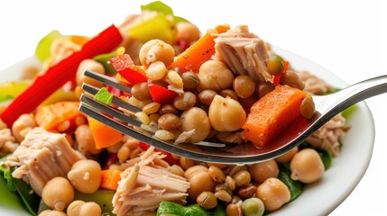 Healthy salad with chickpeas and tuna on a white plate