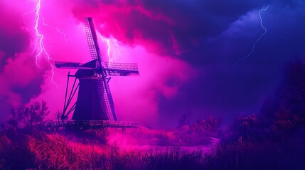 A vibrant, dynamic windmill in a stormy landscape with a clear area for text