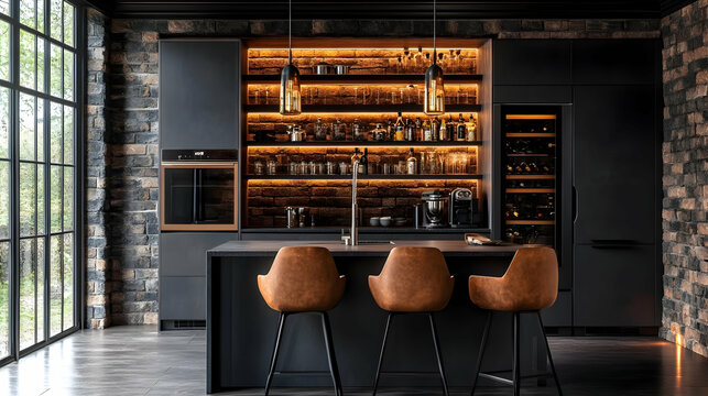 Modern Home Bar Illustration: Black Cabinets, Exposed Brick, and Ambient Lighting