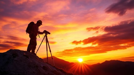 Silhouette of a Photographer Capturing the Sunset on a Mountain Peak