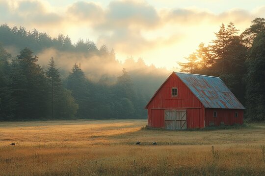 A red barn sits in a field with fog rolling in the distance. The sun is shining brightly, casting a warm glow over the scene.