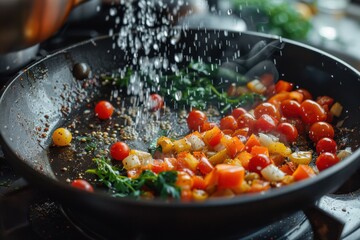Cooking colorful vegetables with herbs in a skillet