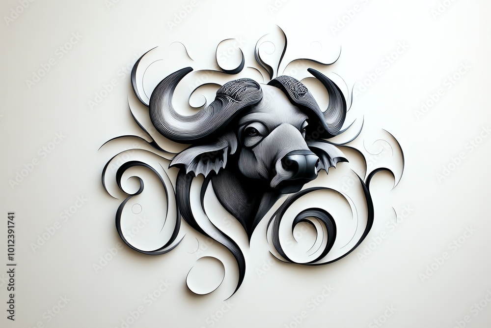 Poster abstract minimalist design of a cape buffalo head, with strong lines and bold shapes symbolizing the