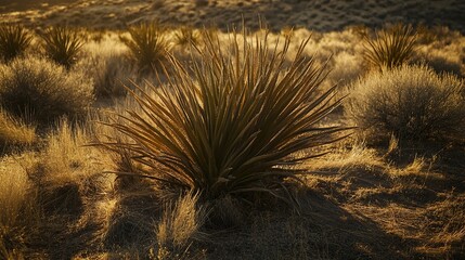 Fototapeta premium Golden Hour in the Desert: A Yucca Plant in the Sunlight
