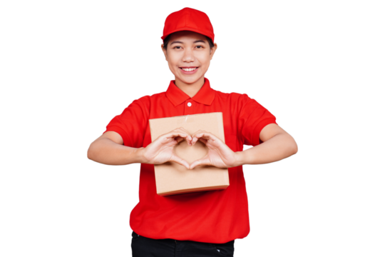 smiling asian delivery: courier woman holding boxed packages and showing love sign gesture isolated transparent