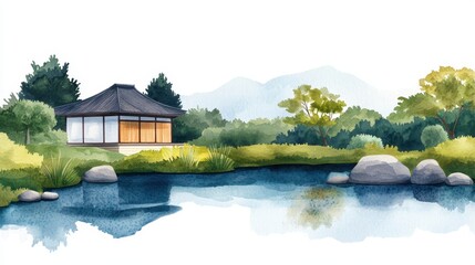 Obraz premium Serene house by tranquil water, nature scene