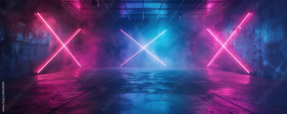 Aufkleber vibrant neon lights create a dynamic atmosphere in a dark industrial space, perfect for modern theme