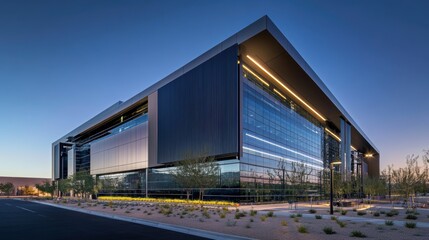 Sleek, modern office building with large glass windows, illuminated by warm lighting at dusk, set in a landscaped business park.
