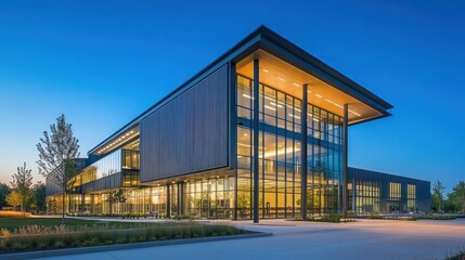 Obraz premium Sleek, modern office building with large glass windows, illuminated by warm lighting at dusk, set in a landscaped business park. 