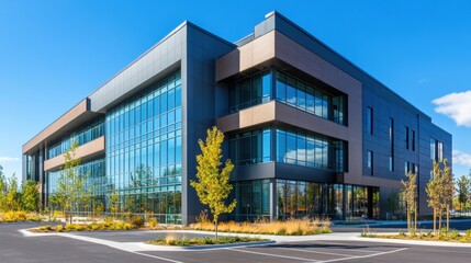 Obraz premium Contemporary office building featuring large glass windows and sleek architecture, surrounded by trees and a spacious parking lot in a business park. 