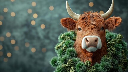 St Andrew's Day Highland cow with thistle garland, St Andrew's Day, 3D illustration