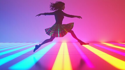St Andrew's Day Scottish dancer mid-jump, silhouette, glowing floor, no face, celebrating St Andrew s Day with vibrant energy, 3D rendering