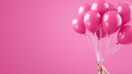 A hand holding a bunch of vibrant pink balloons against a soft pink background, symbolizing celebration and joy.