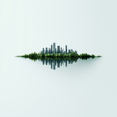 Naklejka premium A harmonious blend of nature and urban structures, showcasing a skyline reflecting on a serene water surface. Perfect for eco-city concepts.