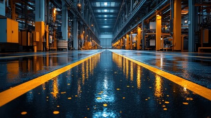 Wet factory floor with yellow lines leading to the back of the building, lit by fluorescent lighting.