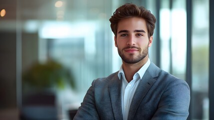 Fototapeta premium Confident Young Man in a Suit Posing in a Modern Office Setting