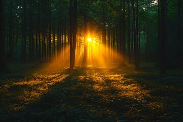 Naklejka premium Sunlight shining through dense forest trees in morning fog, creating a mystical atmosphere