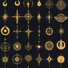 The image is a seamless pattern with golden mystical symbols on a black background. 